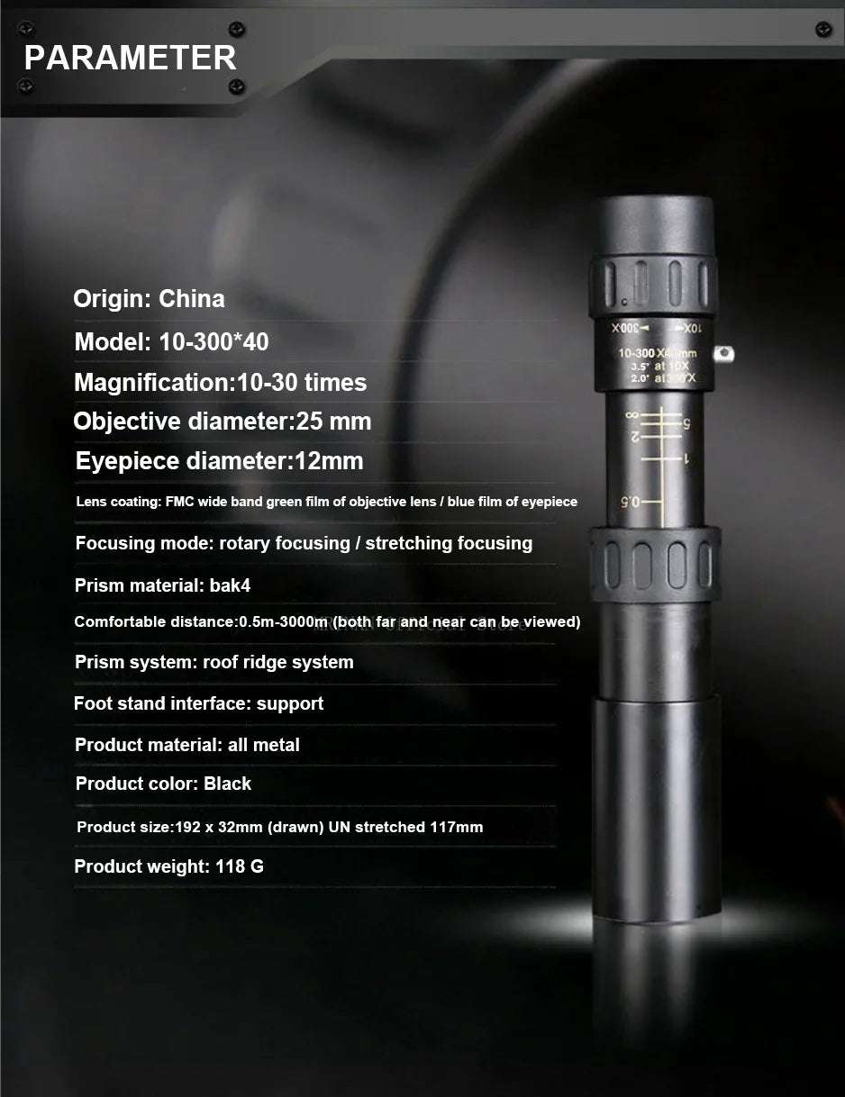 10-300X Phone adaptable Portable Metal Monocular Optics BushLine