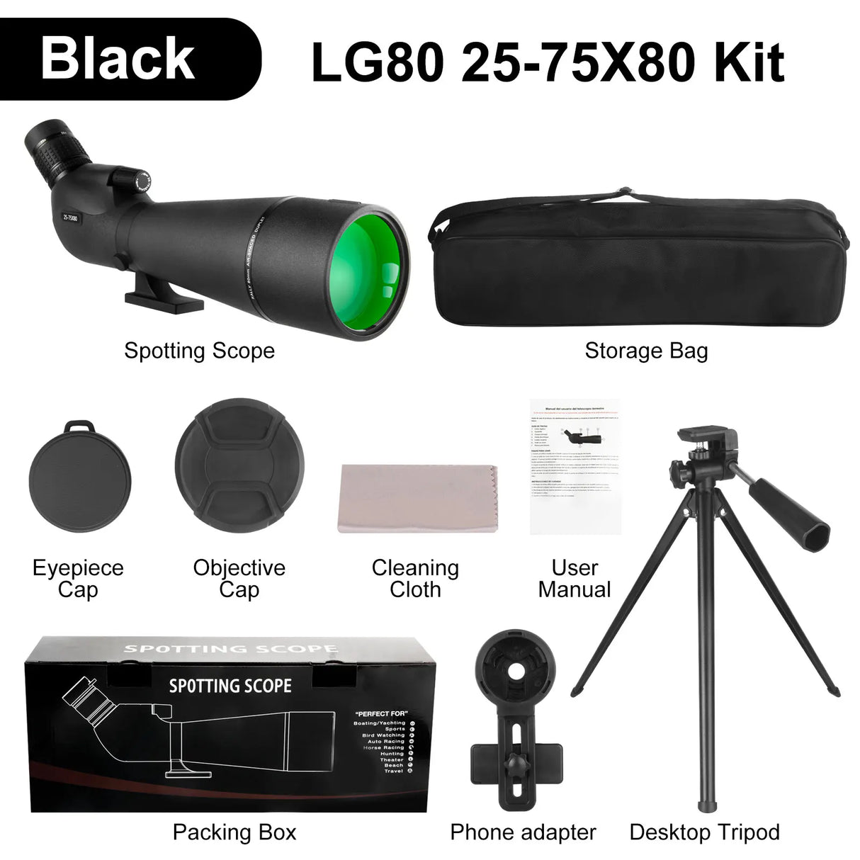 25-75x80 Spotting Monocular With Phone Adapter & Tripod monocular BushLine black