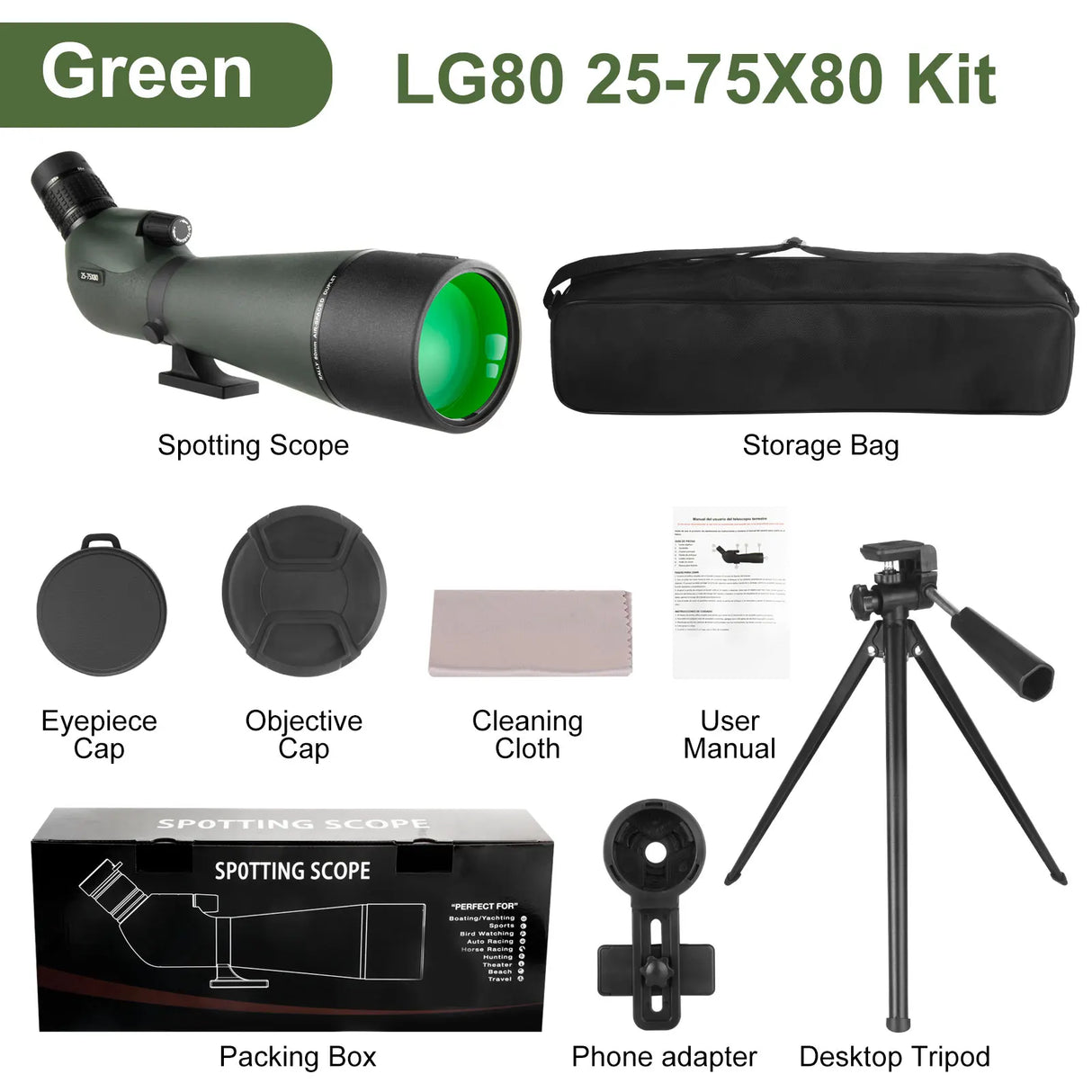 25-75x80 Spotting Monocular With Phone Adapter & Tripod monocular BushLine green