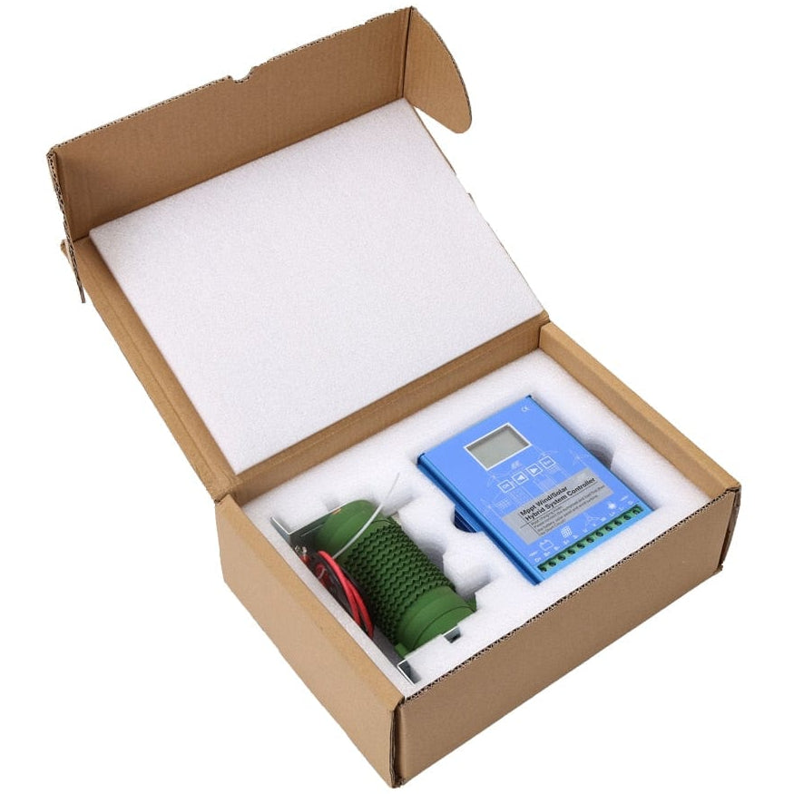 Open retail carton with foam insert holding the blue hybrid controller and the green dump load resistor