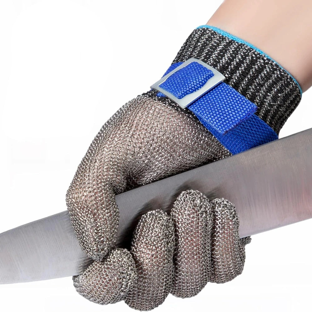 Mesh glove with blue buckle strap gripping a wide knife blade, with the white nylon liner glove shown alongside