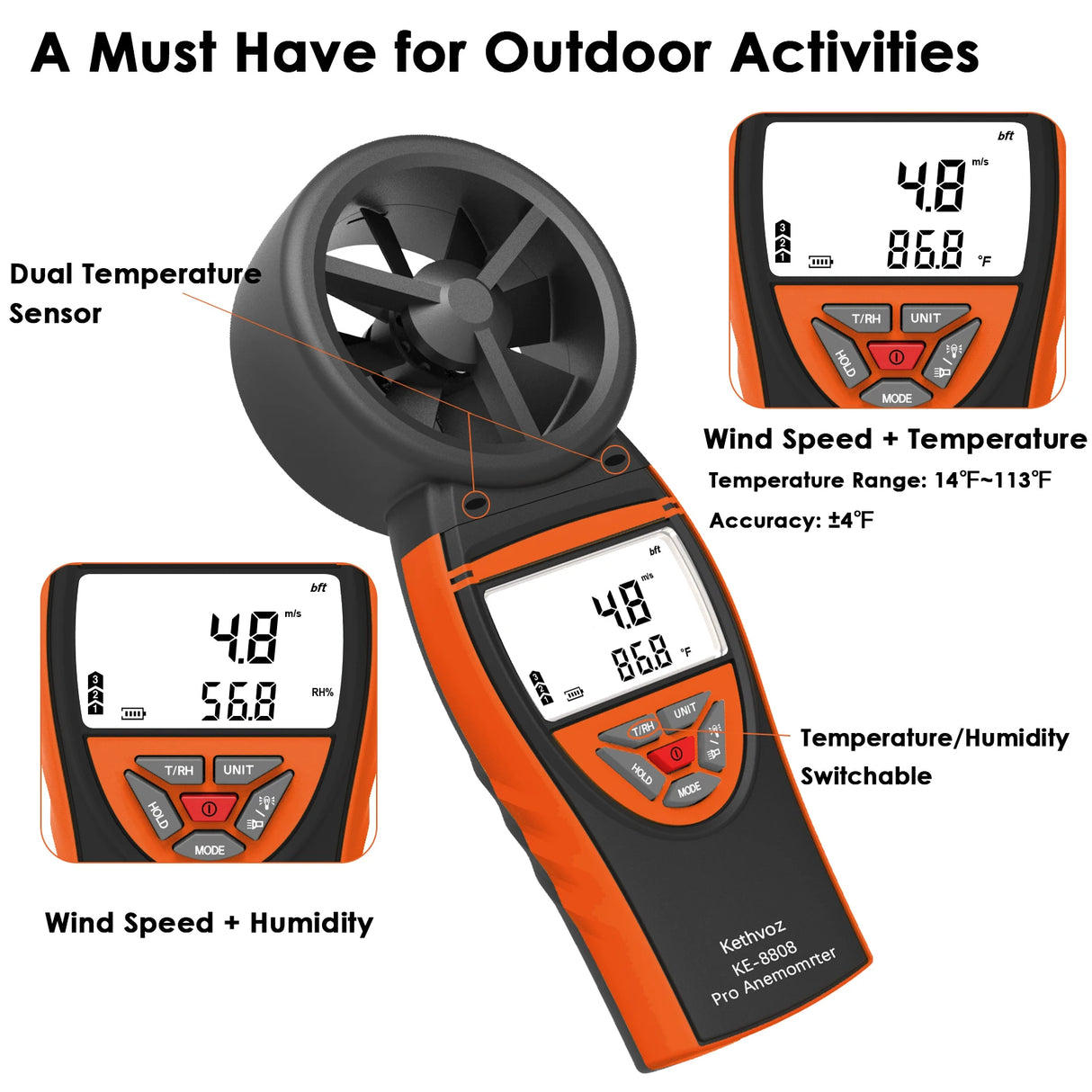 Digital Rechargeable Anemometer Wind Speed Temp Humidity Wind Power BushLine