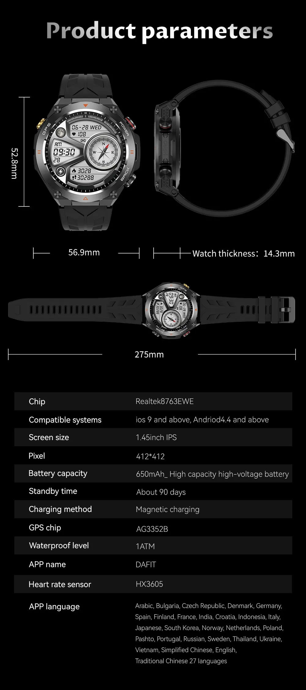 GPS Bluetooth GPS Smart Sports Watch 650mAh Battery Watchs