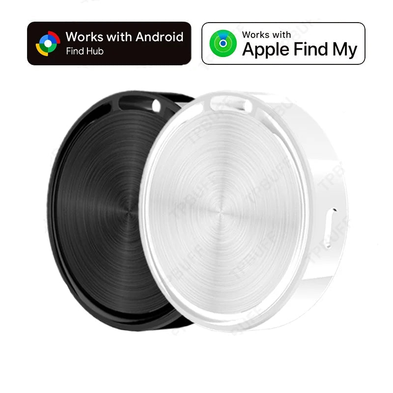 Black and white Bluetooth tracker tags side by side with Find My and Find Hub badges