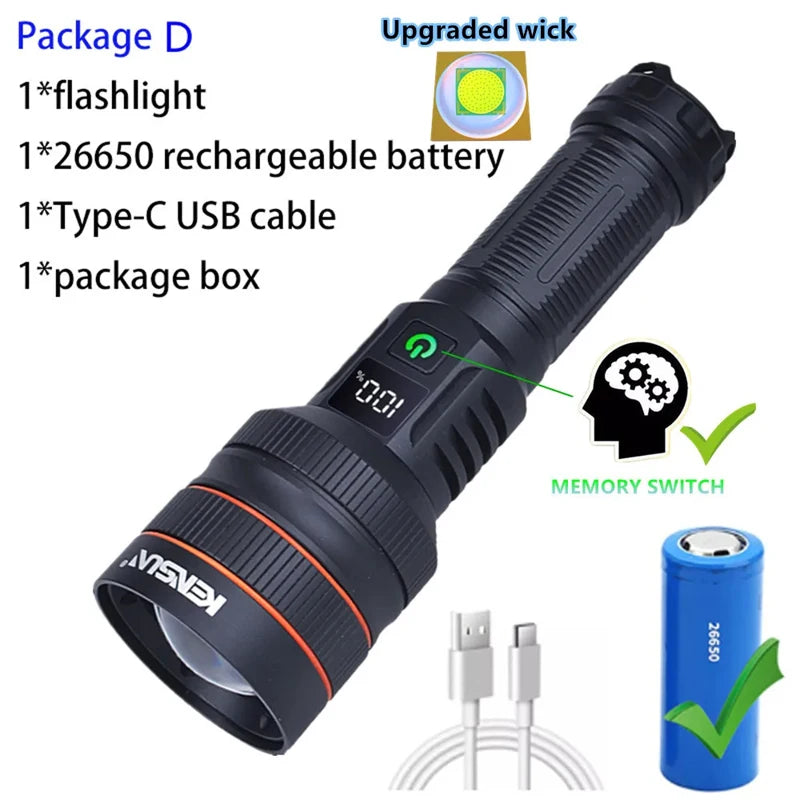 High Power LED Flashlight USB Rechargeable Powerful Tactical Torch Optics