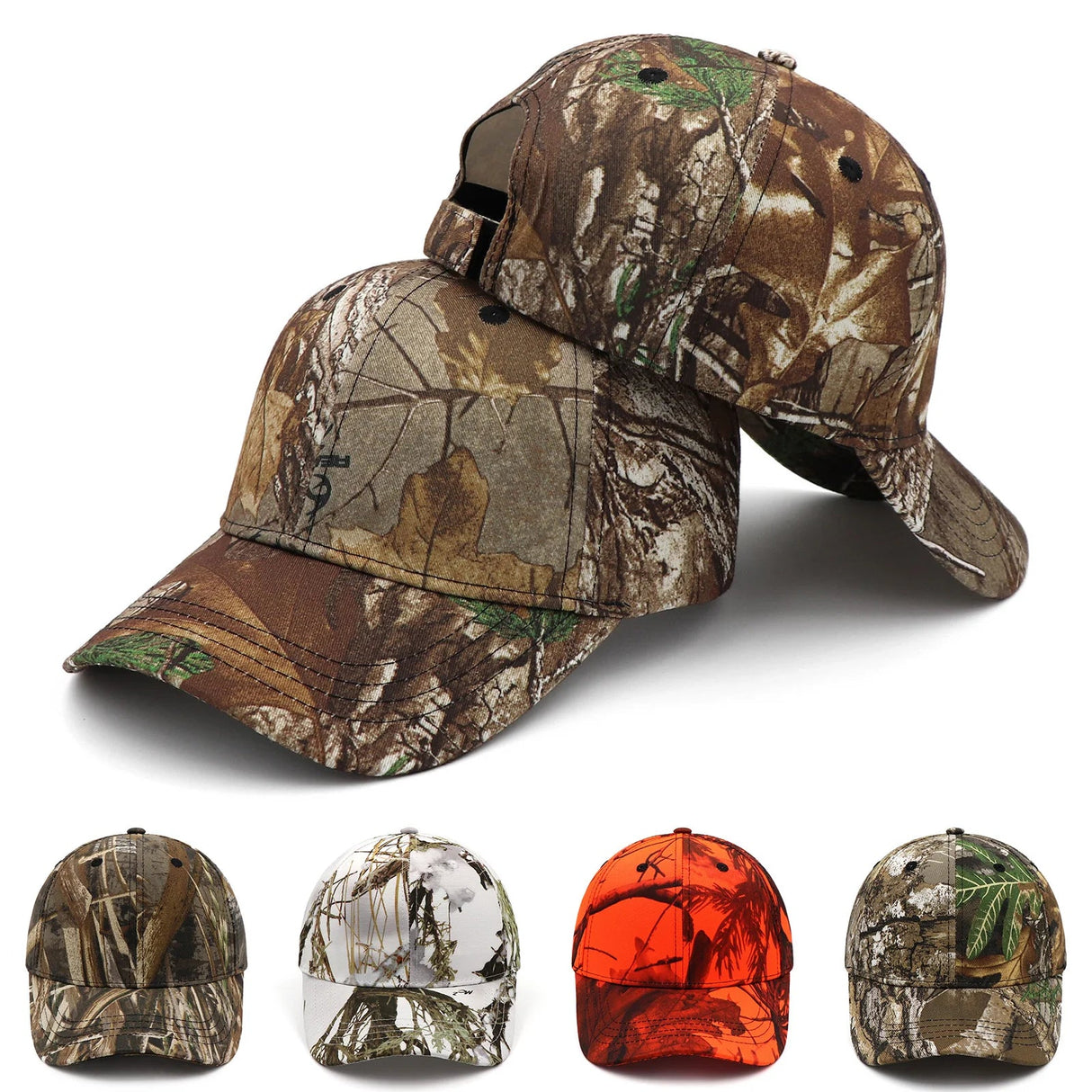 Two hardwood camouflage caps stacked, four more pattern options shown below
