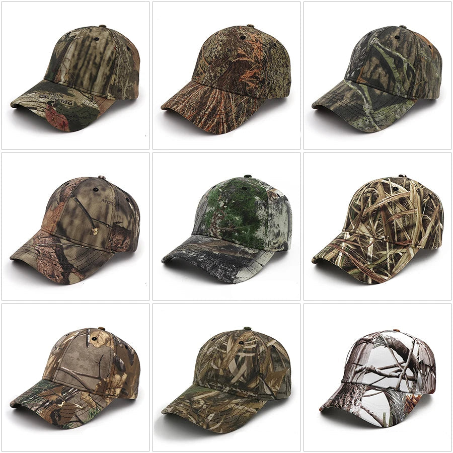Grid of nine camouflage cap patterns with supplier model codes
