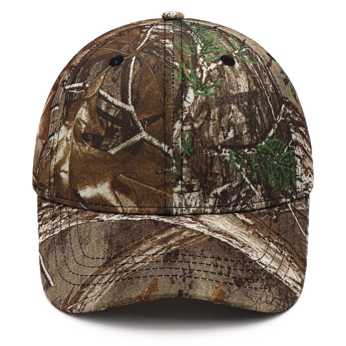 Front view of brown leaf camouflage cap showing stitched vent eyelets