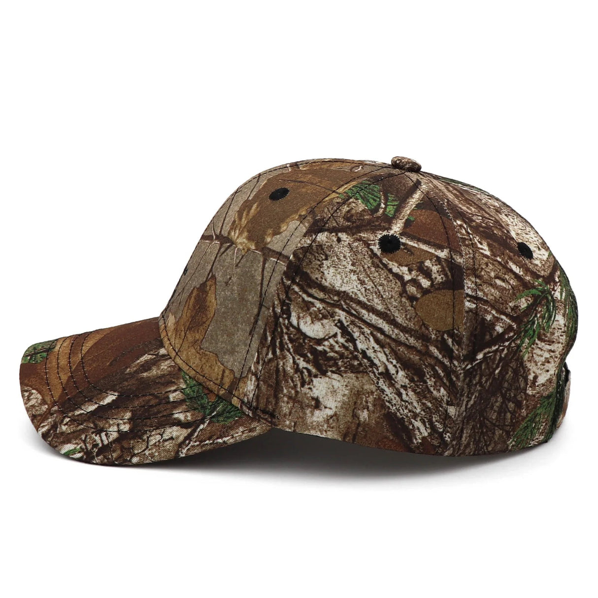 Side profile of leaf camouflage cap showing brim stitching rows
