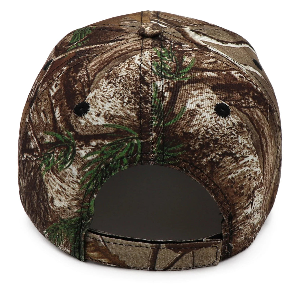 Rear view of camouflage cap showing adjustable strap closure