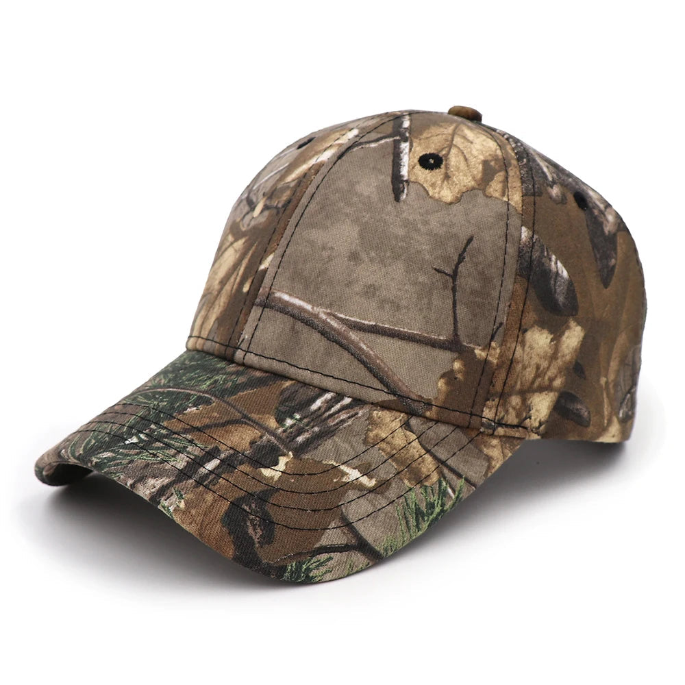 Brown leaf camouflage cap with green pine needle accents, side angle
