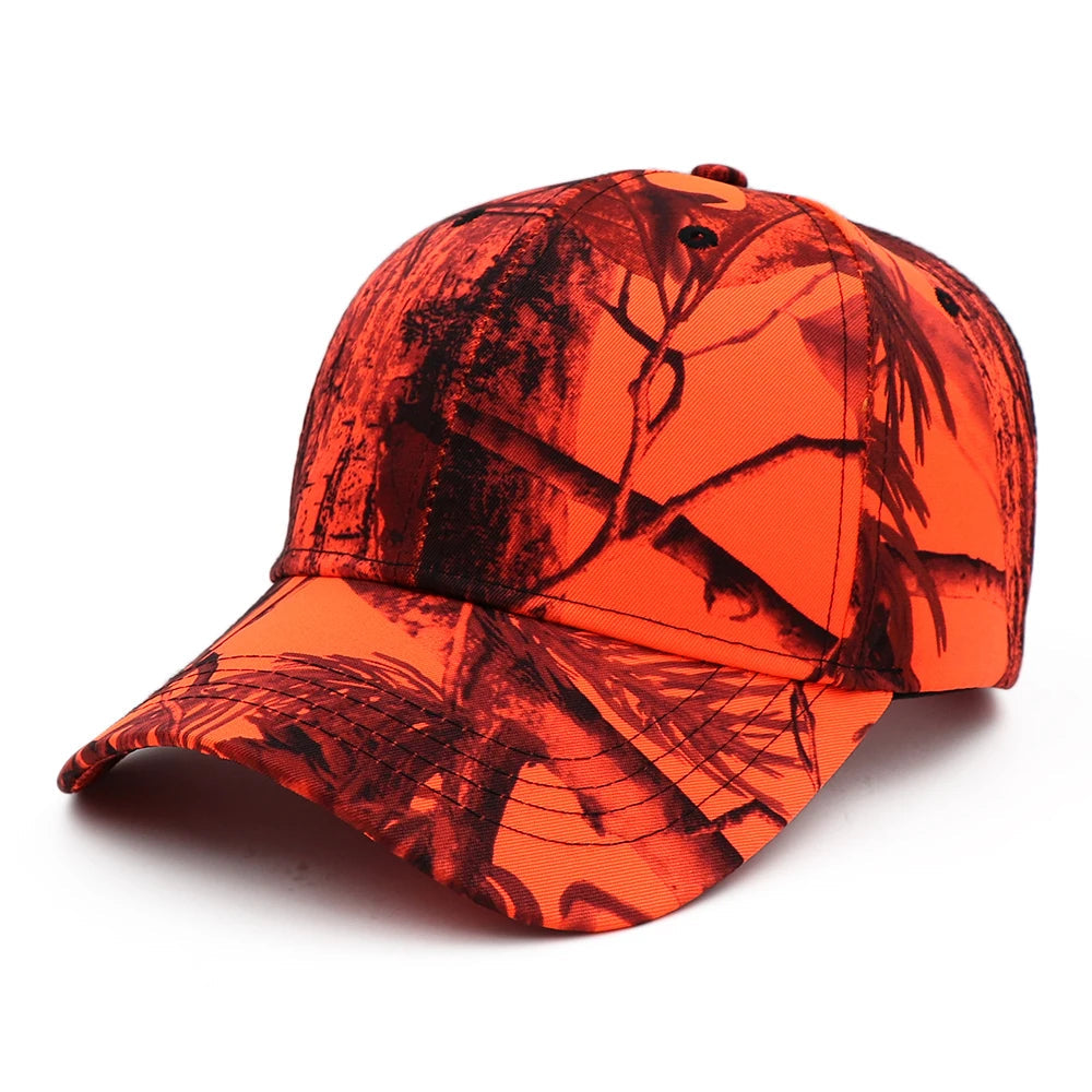 Blaze orange camouflage cap with dark branch and leaf overlay