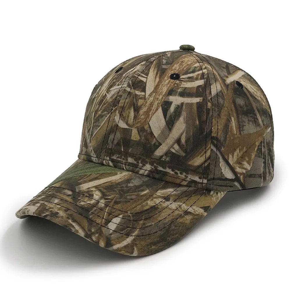 Dry sedge and reed pattern camouflage cap, angled front view