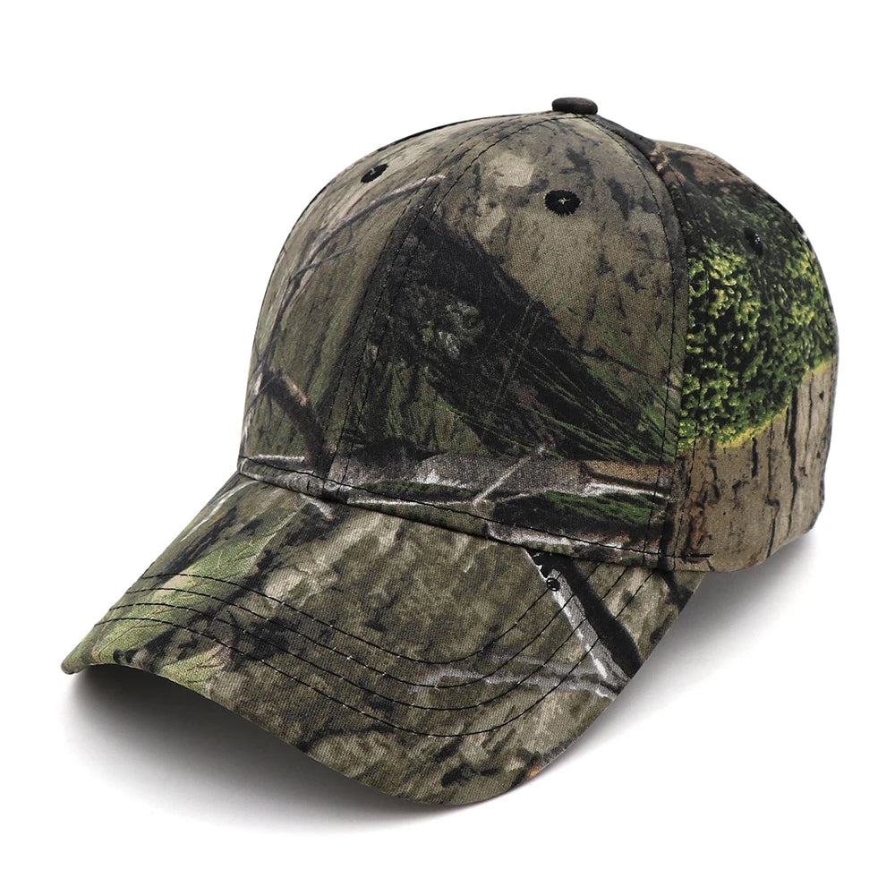 Mossy green and bark camouflage cap, angled front view