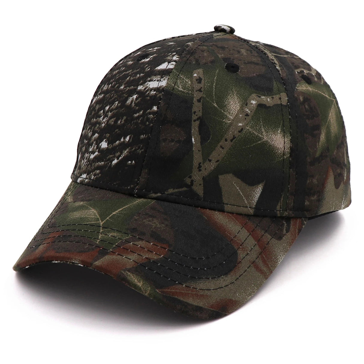Dark leafy camouflage cap in deep green and black, angled view