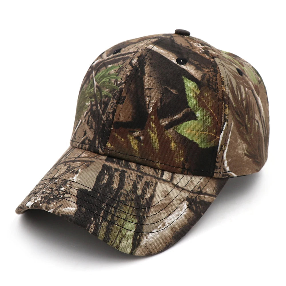 Leafy brown and green camouflage cap with dark shadow tones, angled view