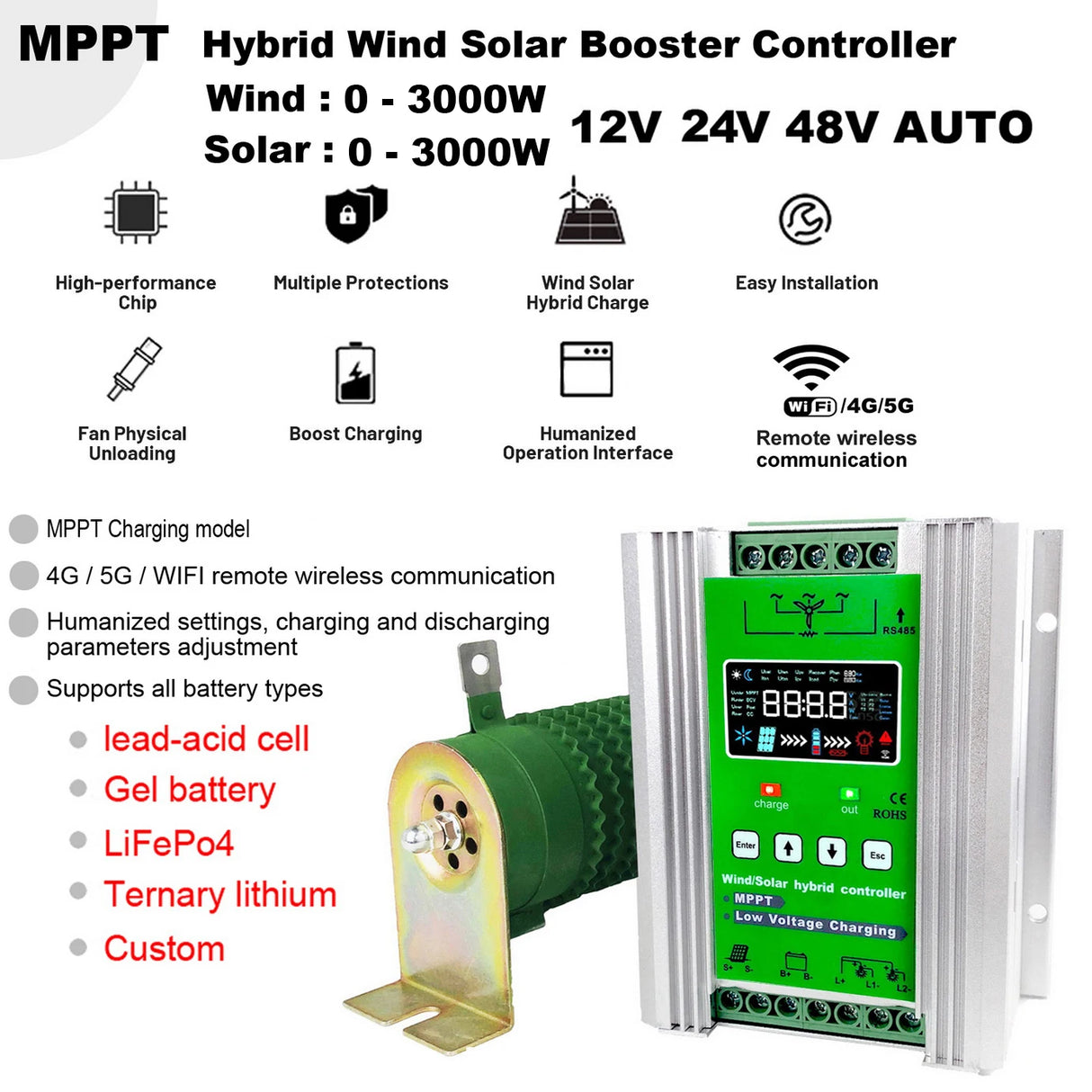Mars 1kW-3kW Wind & Solar Hybrid MPPT Controller Lifepo4 Full Battery Display Wind Power
