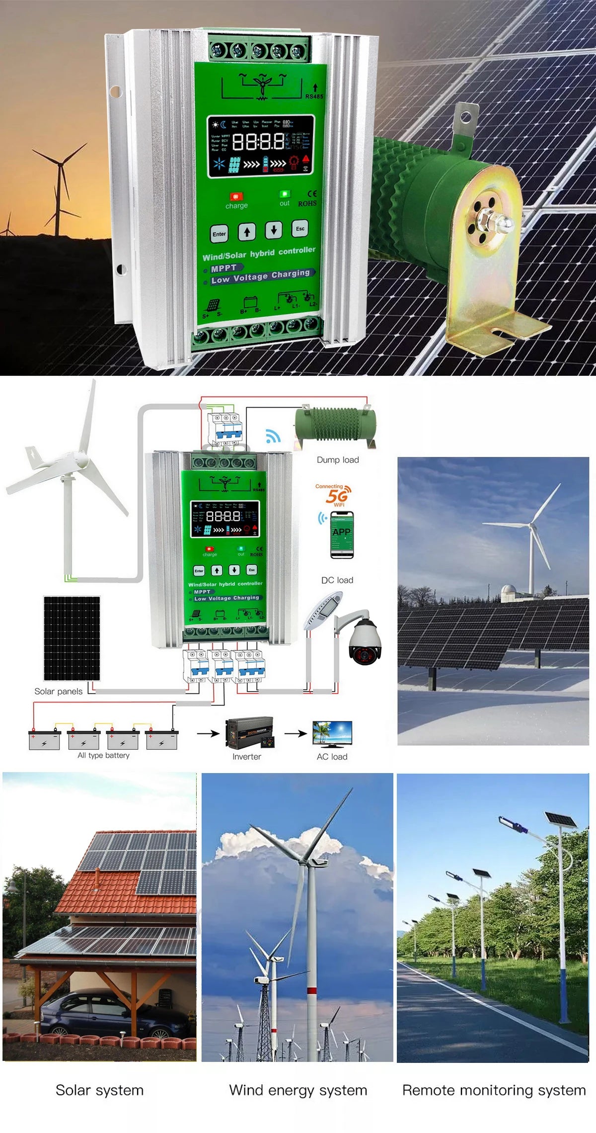 Mars 1kW-3kW Wind & Solar Hybrid MPPT Controller Lifepo4 Full Battery Display Wind Power