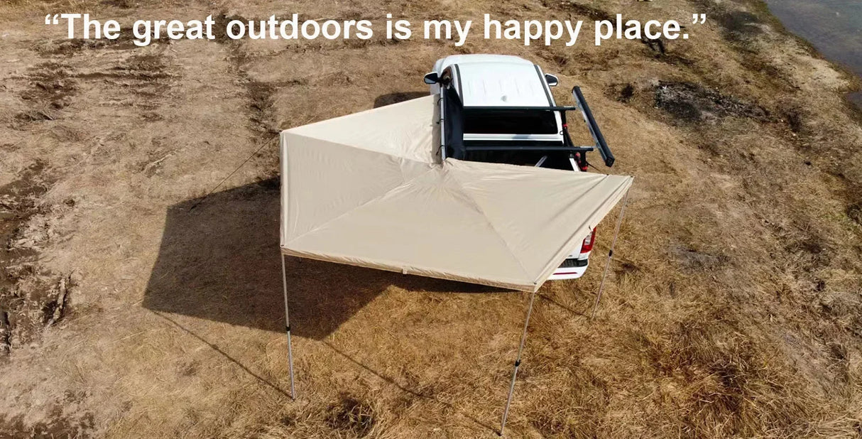 Aerial view of a khaki awning shading a white ute, with quotation overlay