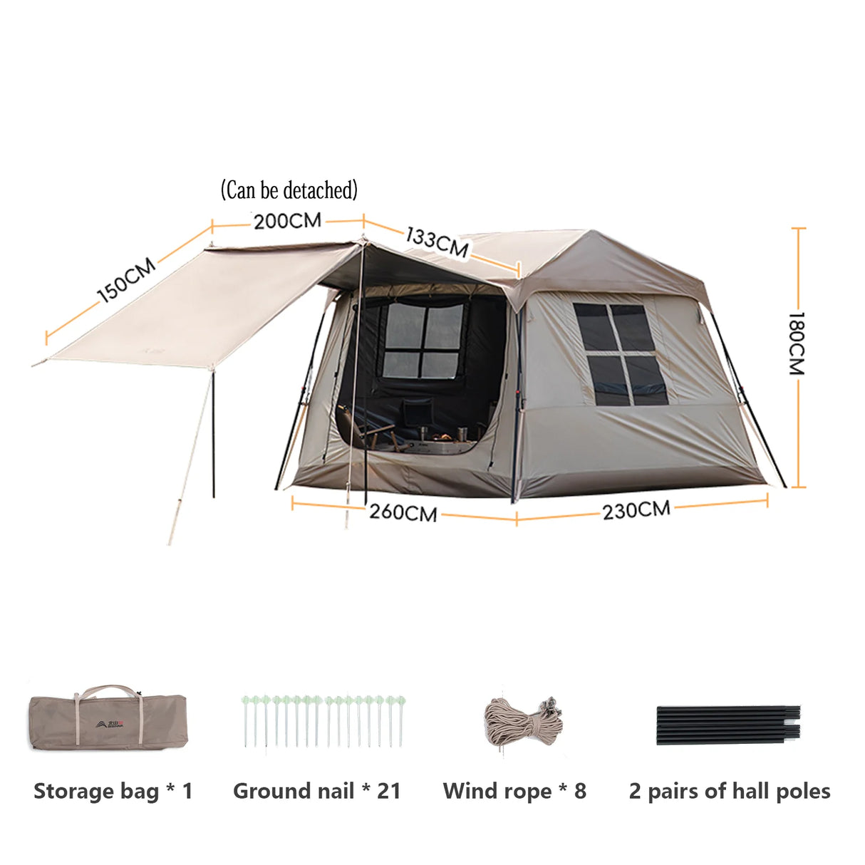 Dimensioned diagram of the tent and canopy in centimetres, with the storage bag, pegs and poles.