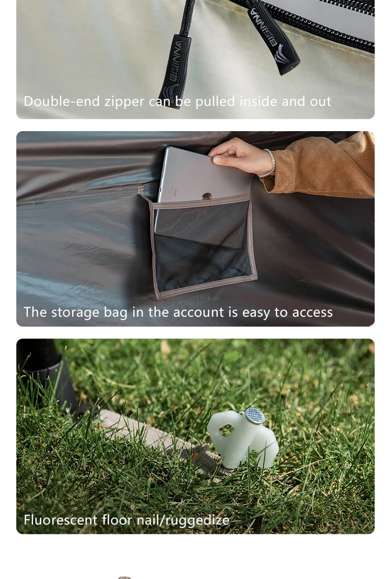 Detail shots of the double-ended zipper, the interior mesh storage pocket and a luminous peg.