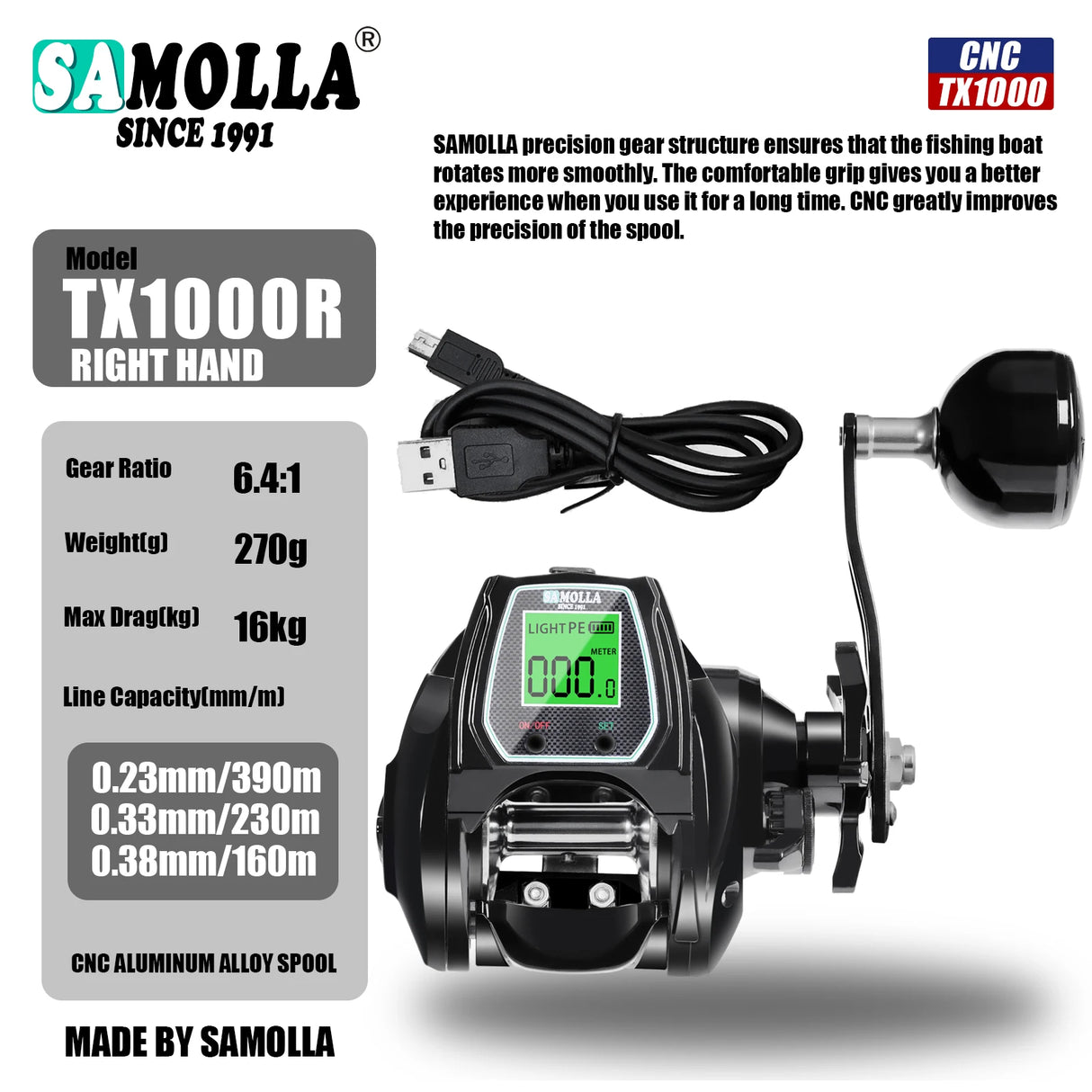 Large Deep Sea Electronic Fishing Reel 6.4:1 16KG Left or Right Hand