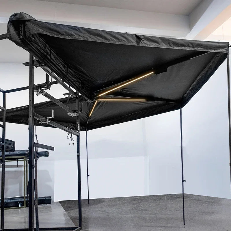 Interior view of the awning showing the LED light strip along the arms