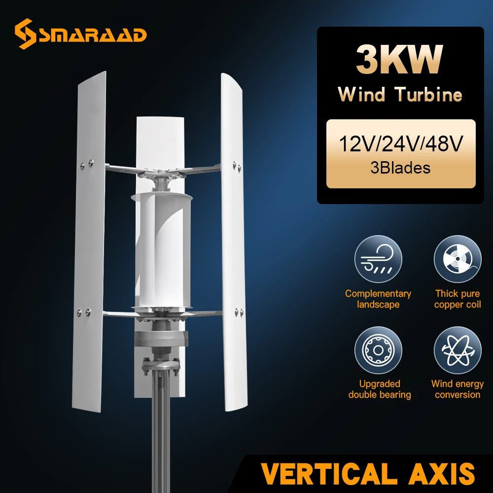 FH-3000watt 3Kw Vertical Wind Turbine 12V 24V 48V Three Blade Wind Power Vertical BushLine