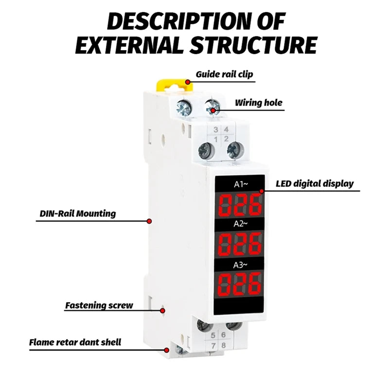 Din Rail Mount 3 Phase Ampere Meter Current Meter Indicator LED electrical supplys  BushLine