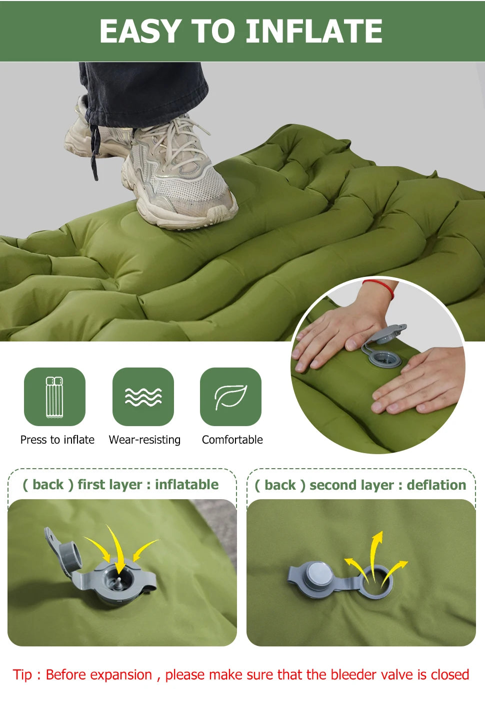 Single Camping Mattress Ultralight Inflatable Built-in Pillow &Air Pump outdoor equipment BushLine