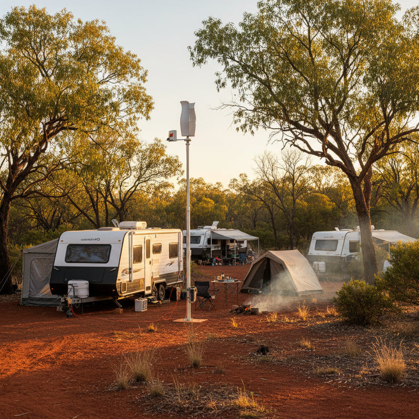 Outback campsite at dusk with the turbine on a tall pole between caravans, a dome tent and a smoking campfire on red dirt