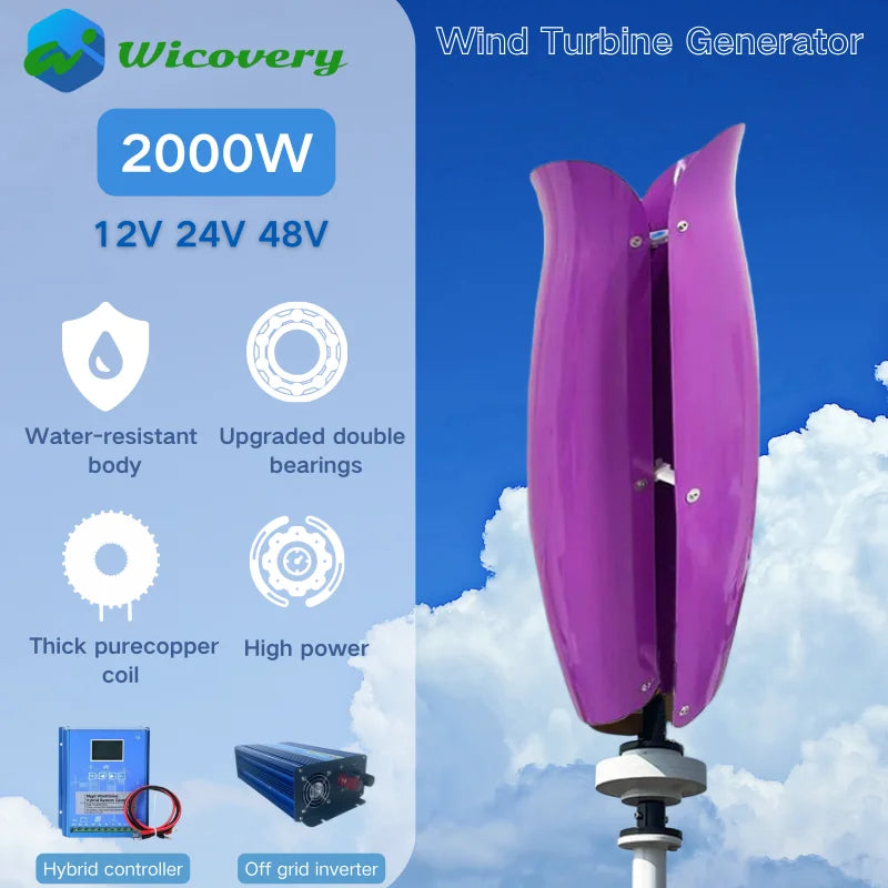 ST-2000 2Kw Vertical Axis Tulip Wind Turbine 12V 24V 48V Wind Power BushLine