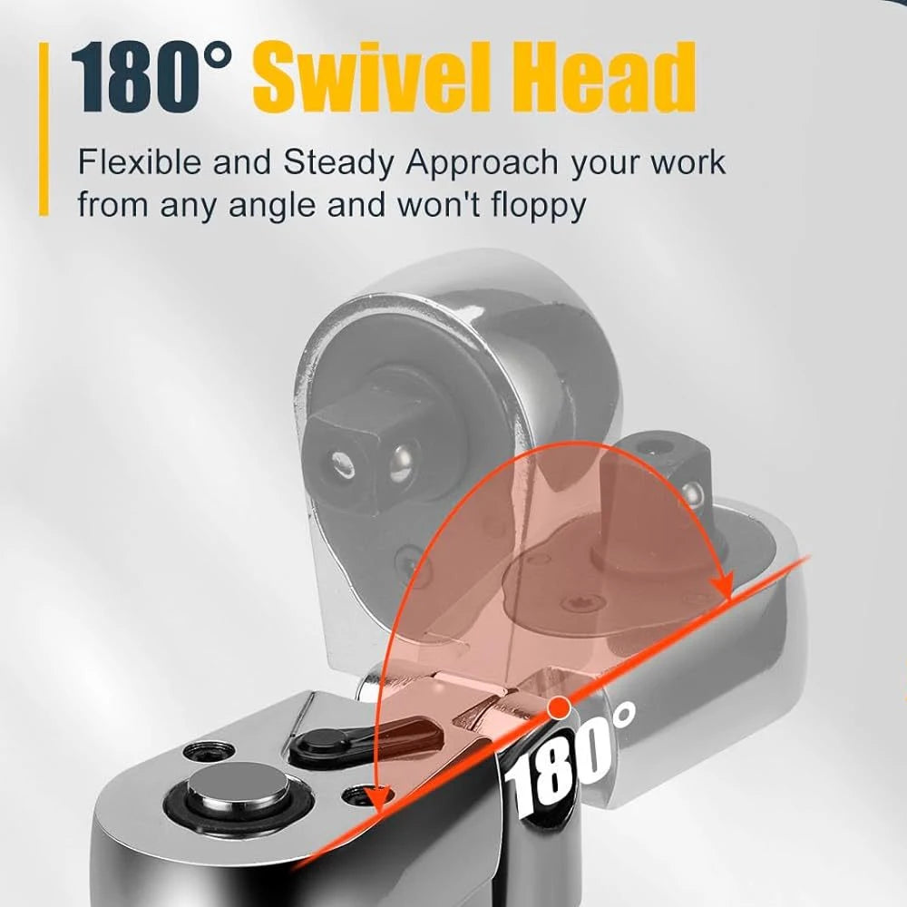 Ratchet Set 1/4" 3/8" 1/2" Drive 180° Adjustable Swivel Head tools BushLine