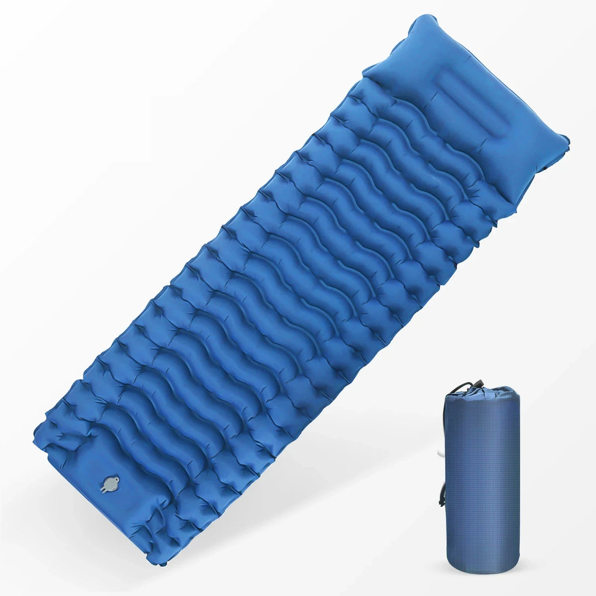 Blue colourway of the inflatable mattress with built-in pillow and matching storage sack