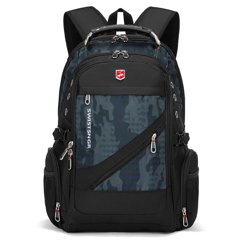 Black and blue camouflage backpack with SwissGear logo on a white background