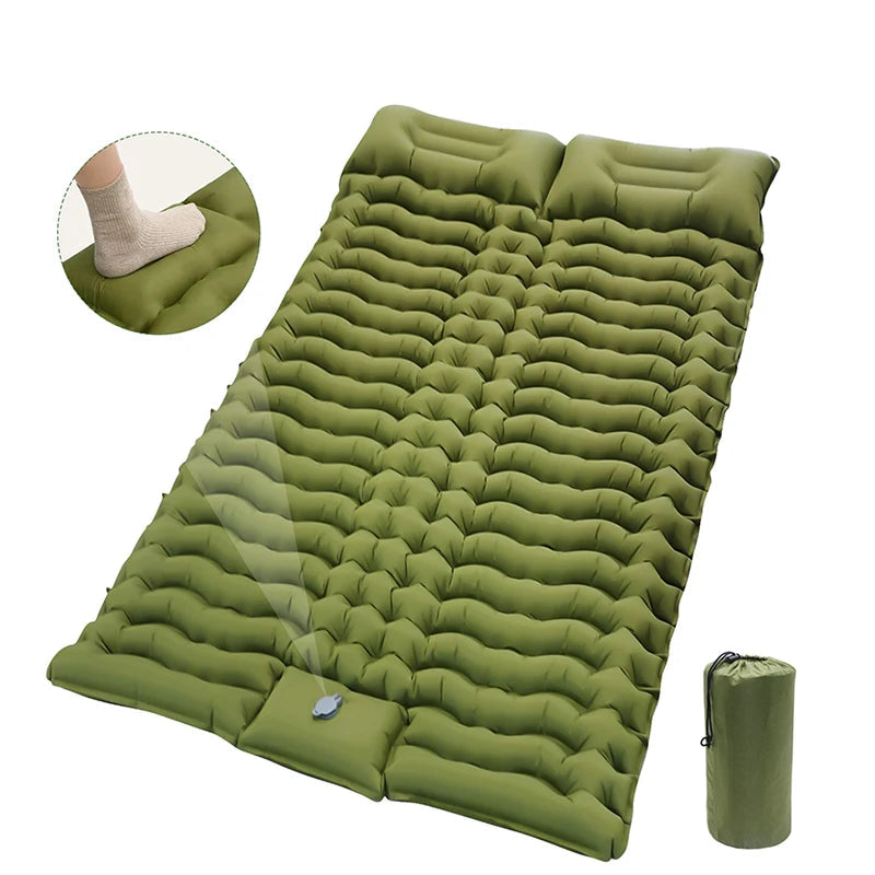 Army green double air mattress inflated, with foot pump inset and drawstring carry bag