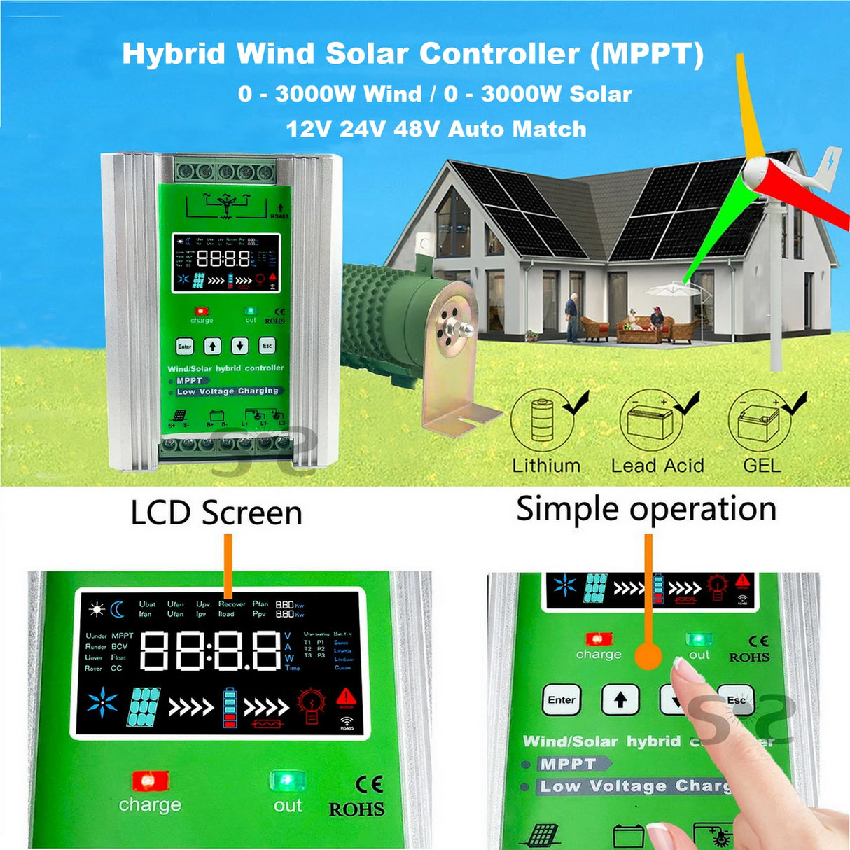 Wi-Fi Wind Solar Hybrid Controller MPPT Lifepo4 1Kw 2Kw 3Kw Wind Power BushLine