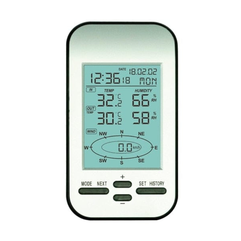 Close-up of the LCD receiver showing indoor and outdoor readings with wind speed in km/h