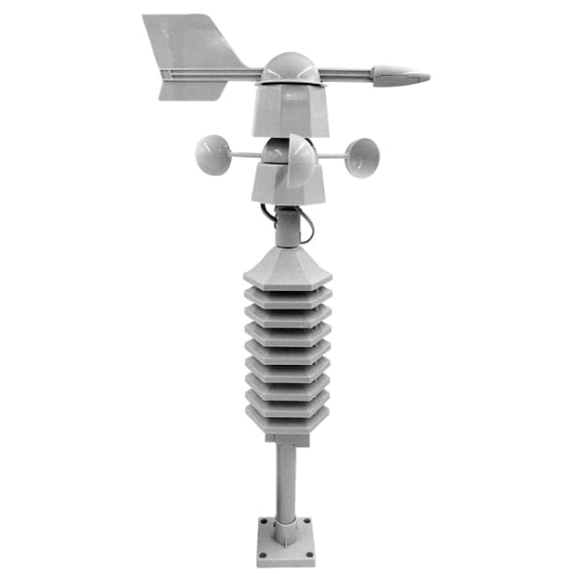 Full outdoor sensor on white: three-cup anemometer, tail vane, louvred shield and base plate