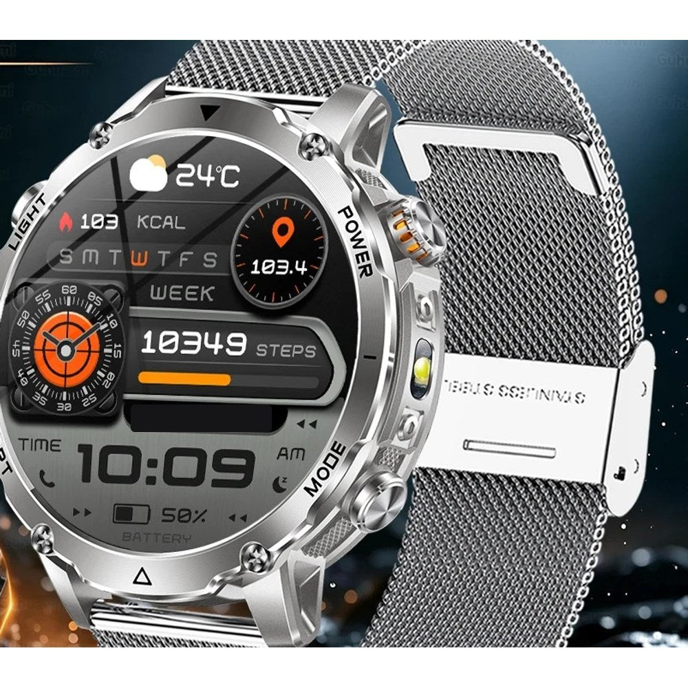 AK106 smartwatch with a silver stainless steel mesh strap