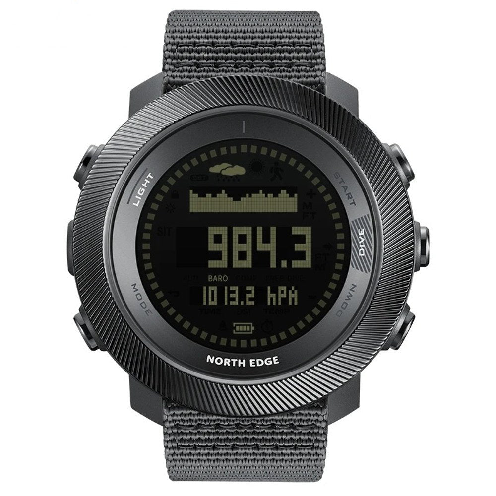 North Edge APACHE-D digital outdoor watch with the black display, dark grey case and grey nylon strap