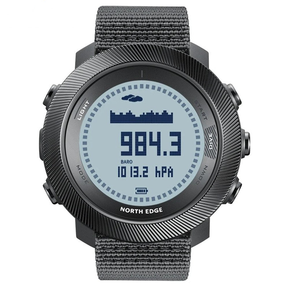 North Edge APACHE-D digital outdoor watch with the white display, dark grey case and grey nylon strap