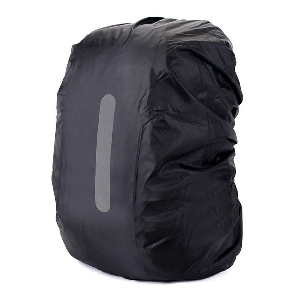 Black backpack rain cover with a vertical reflective strip