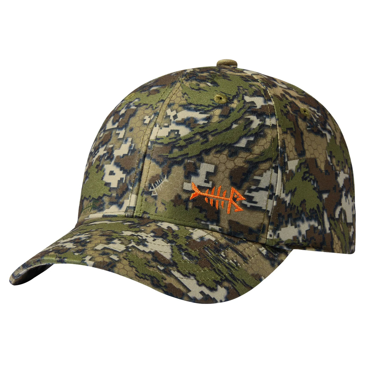 Bassdash camo fishing cap in green and tan digital blotch camouflage with orange fishbone logo
