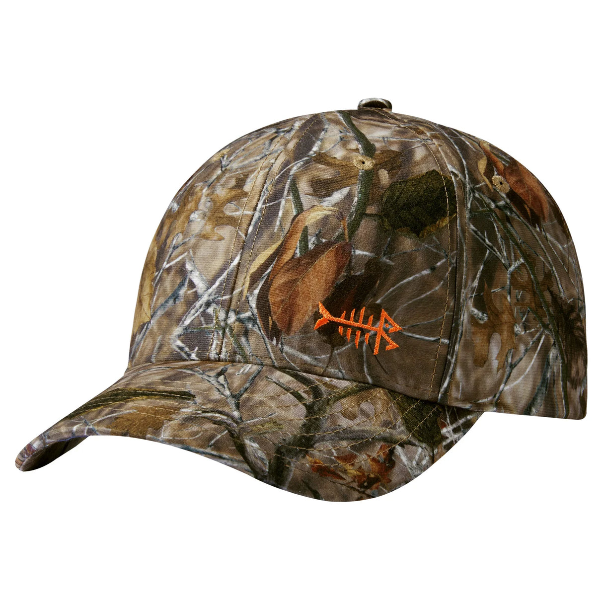 Bassdash camo fishing cap in brown leaf and branch woodland camouflage with orange fishbone logo