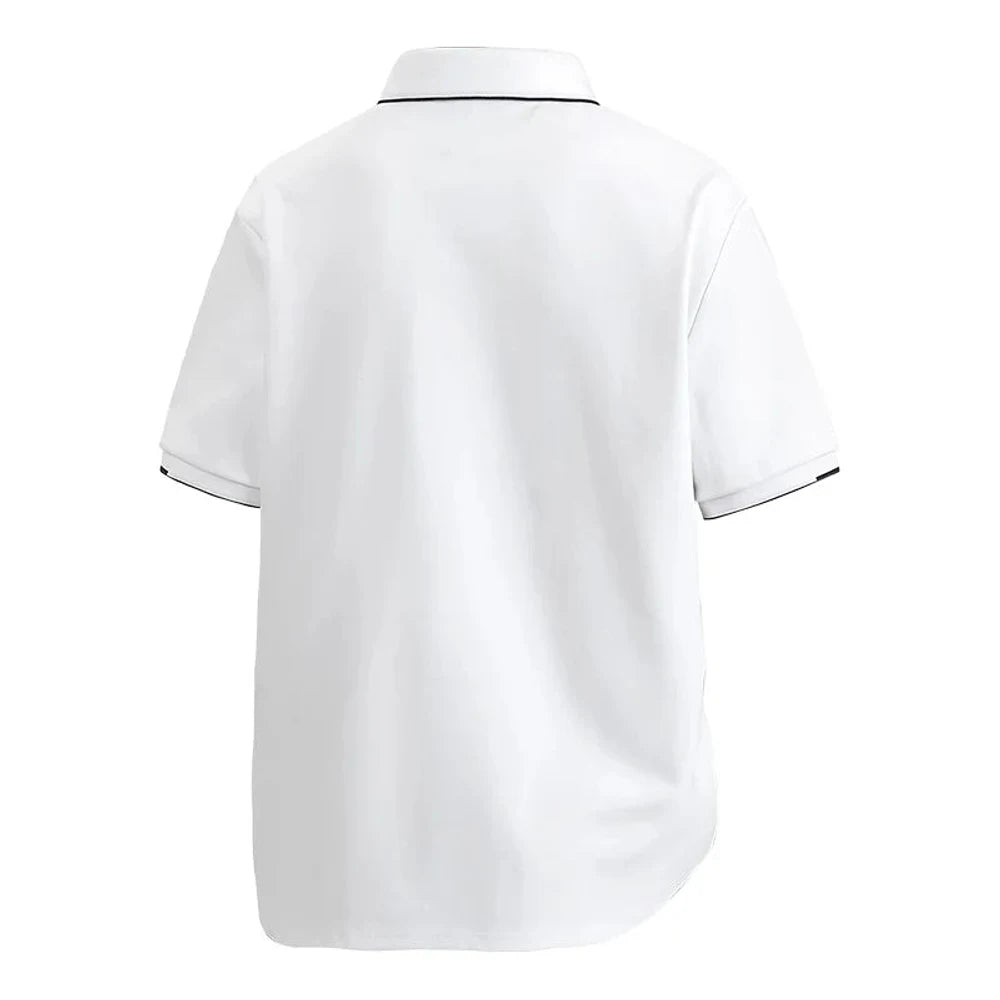 White tipped-collar polo, back view