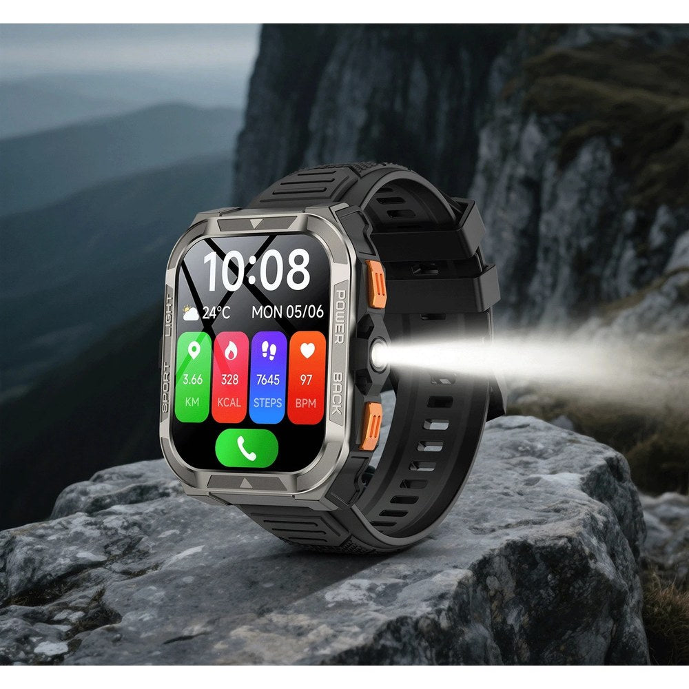 Black Blackview W80 Pro on a rock with the LED torch in the side of the case switched on