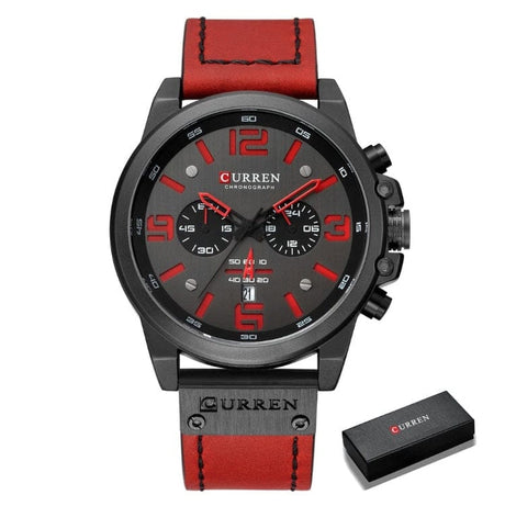 CURREN 8314 Waterproof Sport Watch Genuine Leather Watchs BushLine black red  