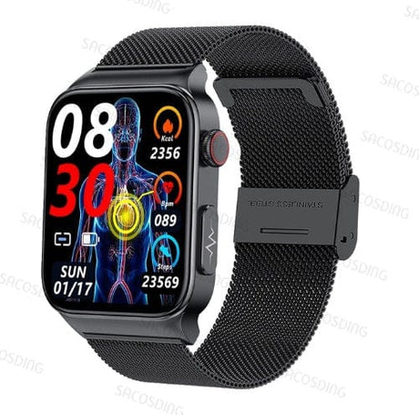 Smart Watch Mediatek Blood Glucose ECG PPG Watchs BushLine Mesh Belt Black A  