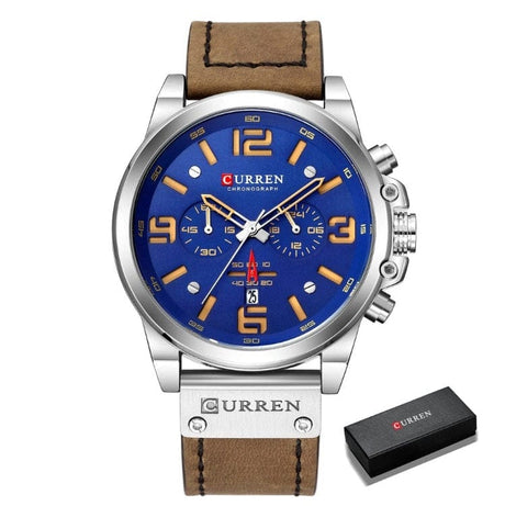 CURREN 8314 Waterproof Sport Watch Genuine Leather Watchs BushLine silver blue  